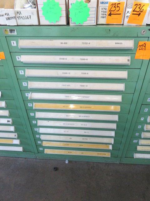 12 DRAWER VIDMAR W/ BRASS BARB FITTINGS, CAPS, BRASS PUSH CONNECT FITTINGS,