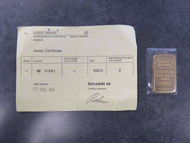 2 TROY OUNCES OF FINE GOLD 999.9 CREDIT SUISSE, CERTIFICATE# 001661
