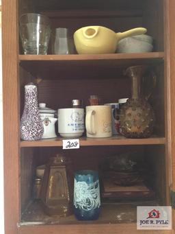 Contents of six 6 upper cabinets: sets of dishes, cups, glasses, serving items, etc.