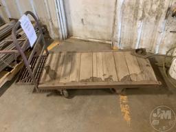 METAL CART WITH WOOD IN CENTER ON WHEELS