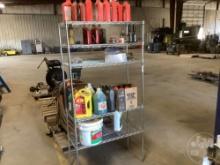 METAL RACK WITH CONTENTS, OILS, DIESEL SUPPLEMENT, TIRE AND TUBE