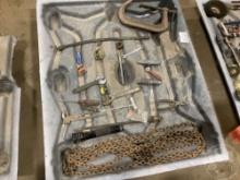 A PALLET OF, C CLAMP, CHAIN, TIRE TOOL, CARPET KNIFES,