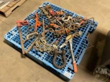 PALLET OF SHACKLES, BINDERS, CLAMPS, MISC.