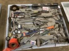 A PALLET OF, WIRE WHEELS, WRENCHES, SQUARE, C CLAMP, SPEED