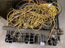 A PALLET OF, EXTENSION CORDS, FORK LIF MAST, METAL TABLE