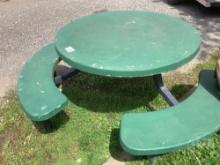 OUTDOOR PICNIC TABLE, FIBER GLASS SEATS AND TOP, STEEL FRAME