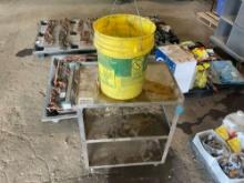 STAINLESS ROLLING CART, BUCKET OF BOLTS