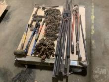 A PALLET WITH, CHAINS, BOLT CUTTERS, CHAIN BINDERS, SLEDGE HAMMERS,