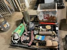 A PALLET OF ANTIQUE TOYS, FIRE EXTINGUISHER, 7-UP COOLER, AND