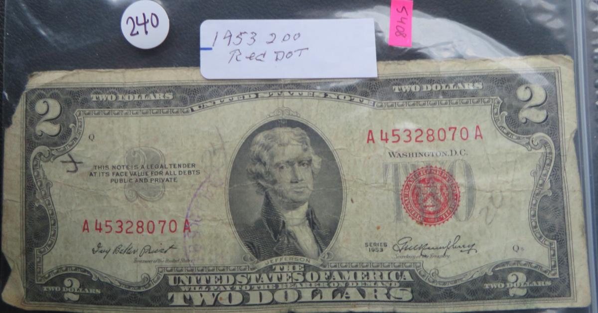 1953- Red Dot Two  Dollar Bill