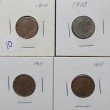 (2) 1910, (2) 1911- Lincoln Head Pennies