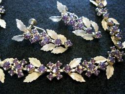 Wonderful Leaf and Purple Rhinestone Demi Parure Choker measures 17" Screwback earrings 1 1/2"