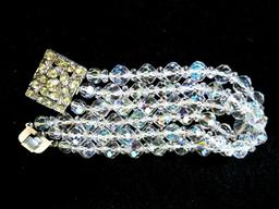 Beautiful AB Glass Three Strand Bracelet with Rhinestone Clasp 7" long 1" wide
