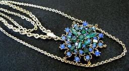 Fabulous Blue Green Rhinestone Multistrand Pendant Necklace