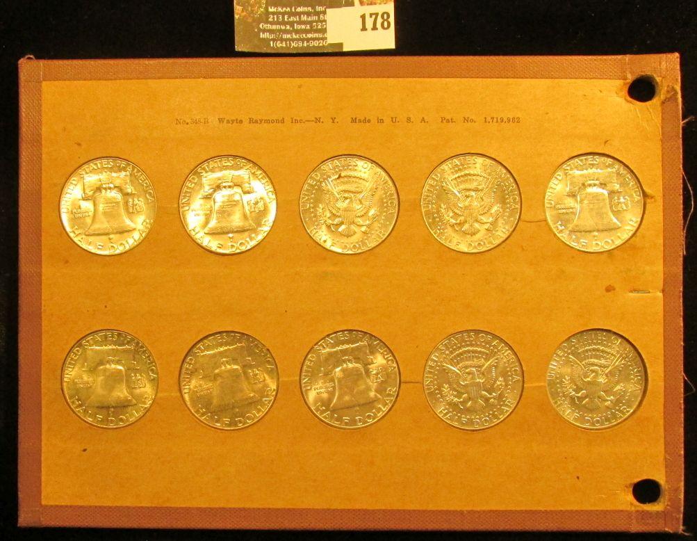 Old Wayte Raymond Half-Dollar Coin Board containing (4) 1955 P, (2) 63 D, & (4) 1964 P Half Dollars.