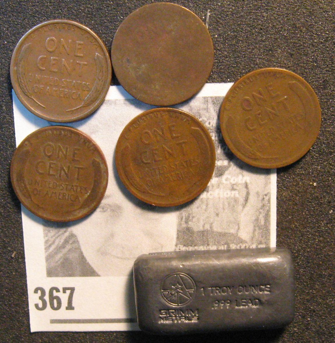 1909P, (2) 1912 & (2) 1914 Lincoln Cents and Grim Metals 1-Ounce Lead Bar.