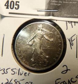 1916 France - 2 Francs - XF, .835 silver .2685 oz - Our US Walking Liberty coins may have been inspi