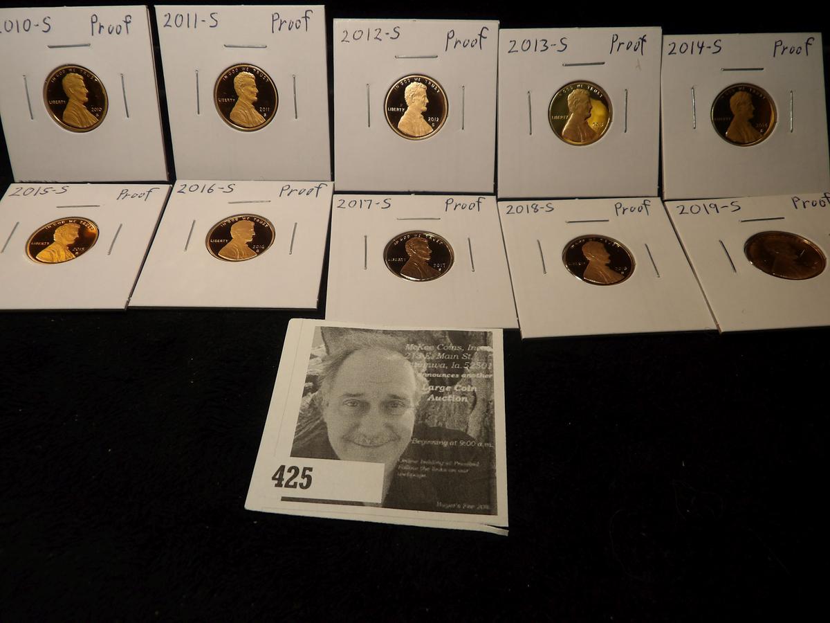 2010 S, 11 S, 12 S, 13 S, 14 S, 15 S, 16 S. 17 S. 18 S, & 19 S Proof Lincoln Cents. All carded.