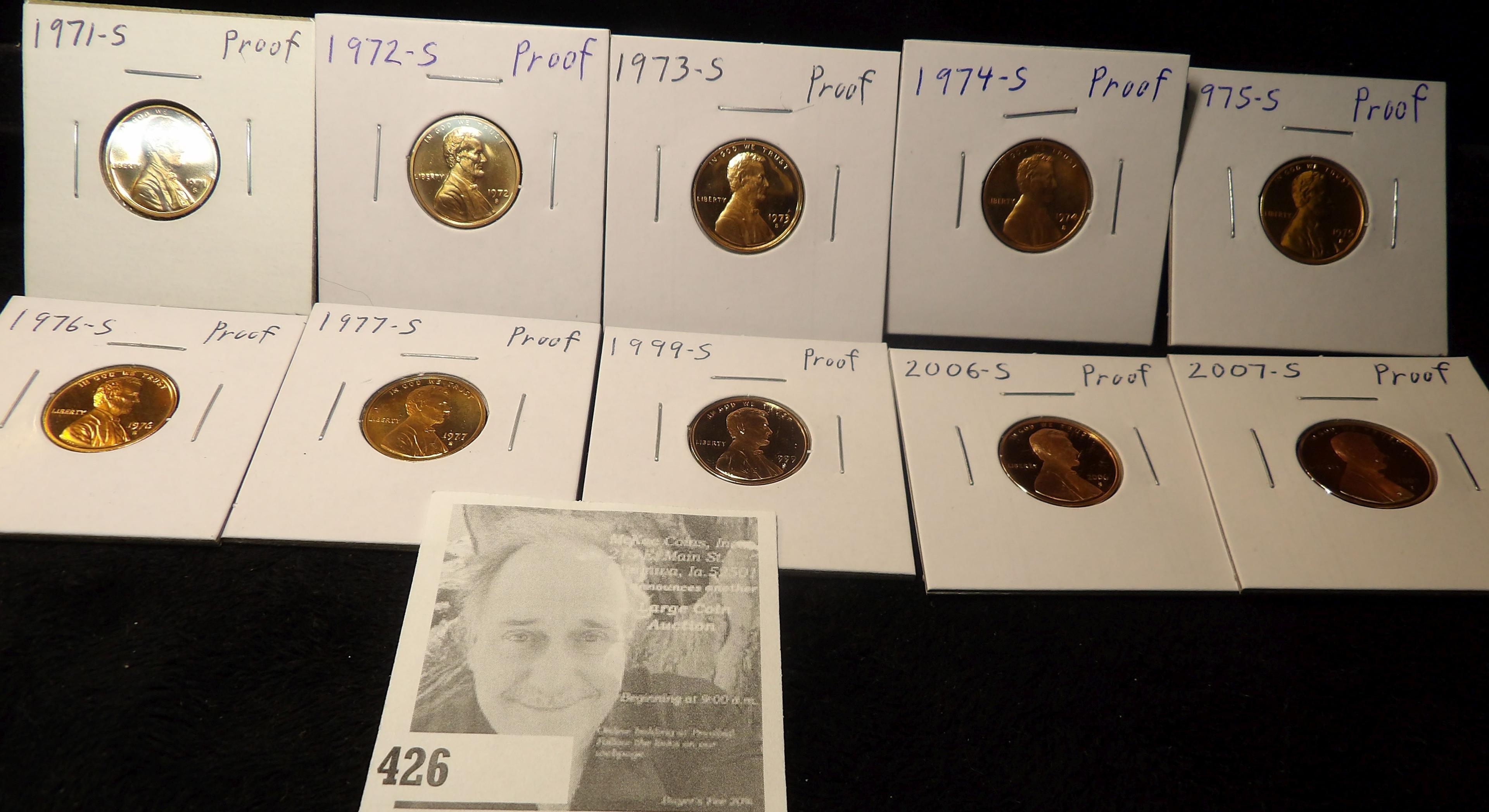 1971 S, 72 S, 73 S, 74 S, 75 S, 76 S, 77 S, 99 S, 2006 S & 2007 S Proof Lincoln Cents. All carded.
