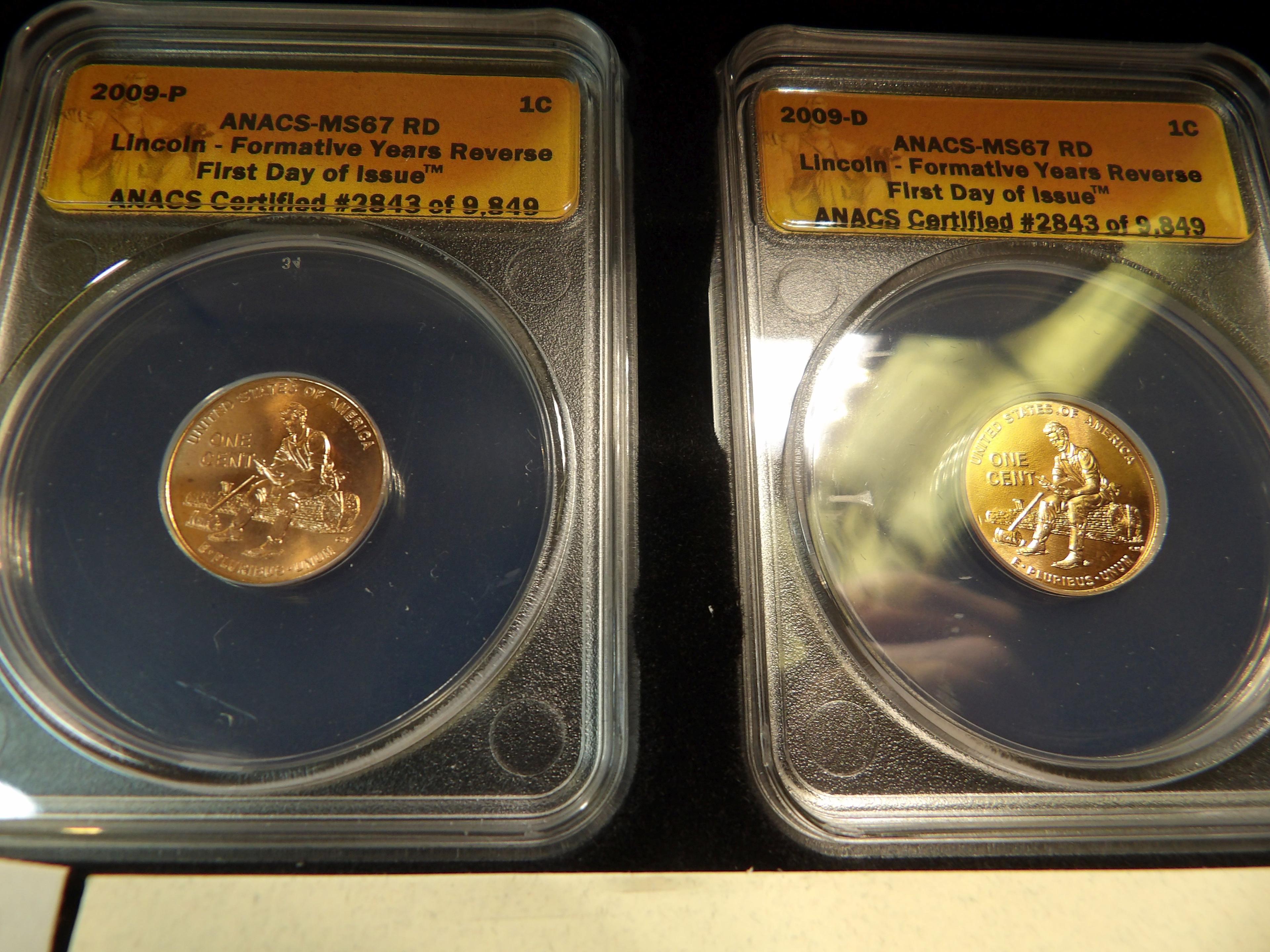 Two-piece Cased Set of 2009 P & D slabbed ANACS MS67 RD Lincoln Formative Years Reverse First Day of