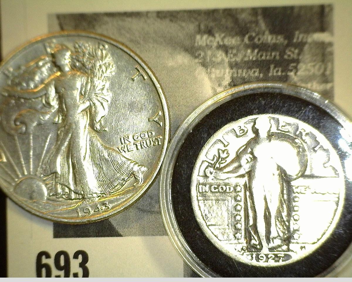 1927 D Standing Liberty Quarter & 1943 P attractive grade Walking Liberty Half Dollar.