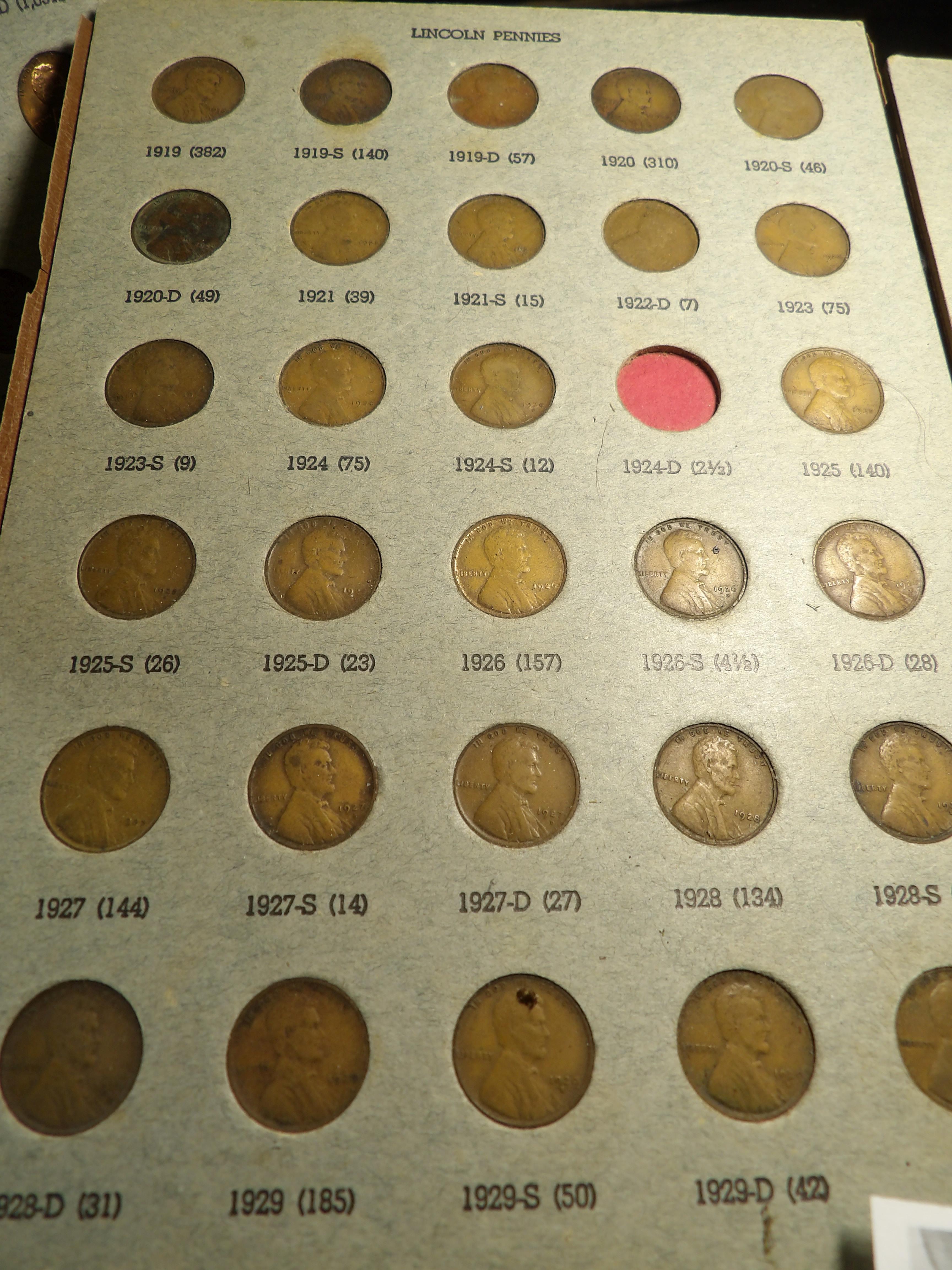 1919-1960 Partial Set of Lincoln Cents in a group of four separated Coin Boards. Includes such rarit