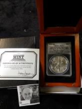 2011-(S) S$1 slabbed and in hard wood box ANACS-MS70 25th Anniversary Silver Eagle Minted at San Fra