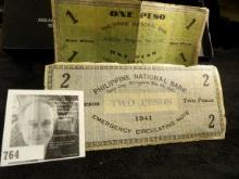1941 Philippine National Bank One & Two Peso Emergency Circulating Bank Notes. World War II era.