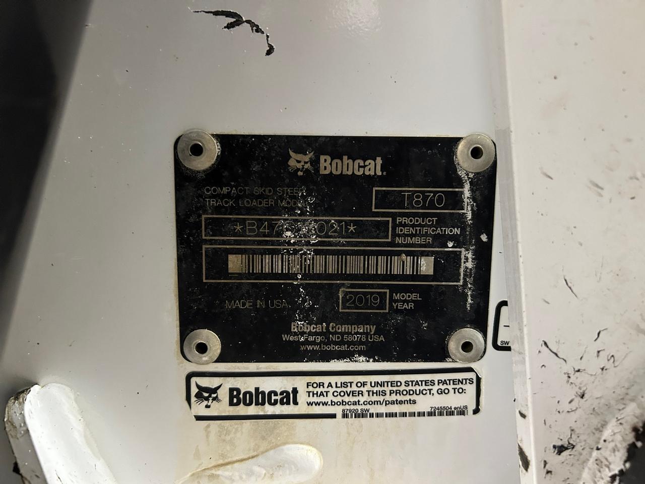 2019 Bobcat T870 Skid Steer Loader