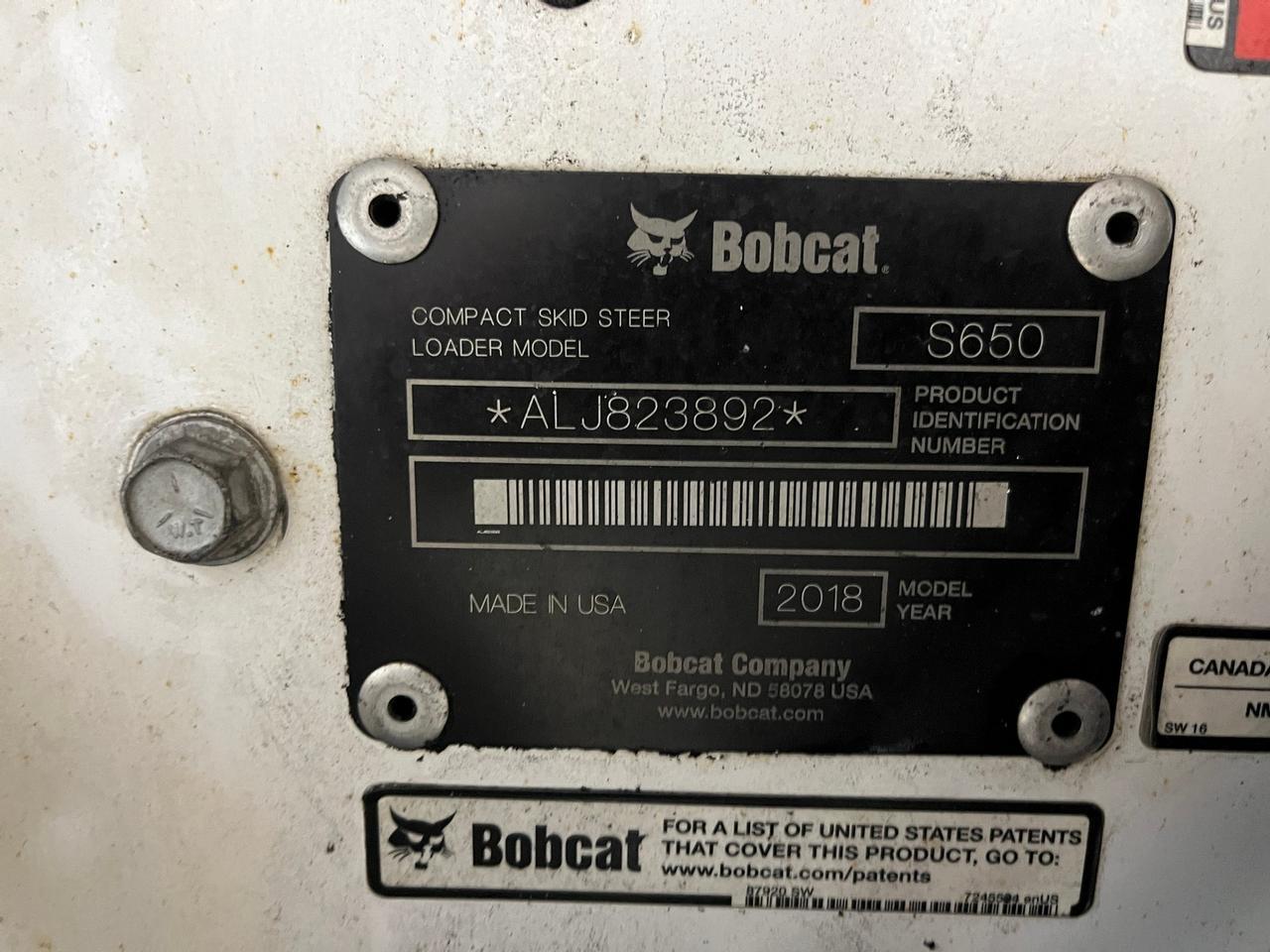 2018 Bobcat S650 Skid Steer Loader