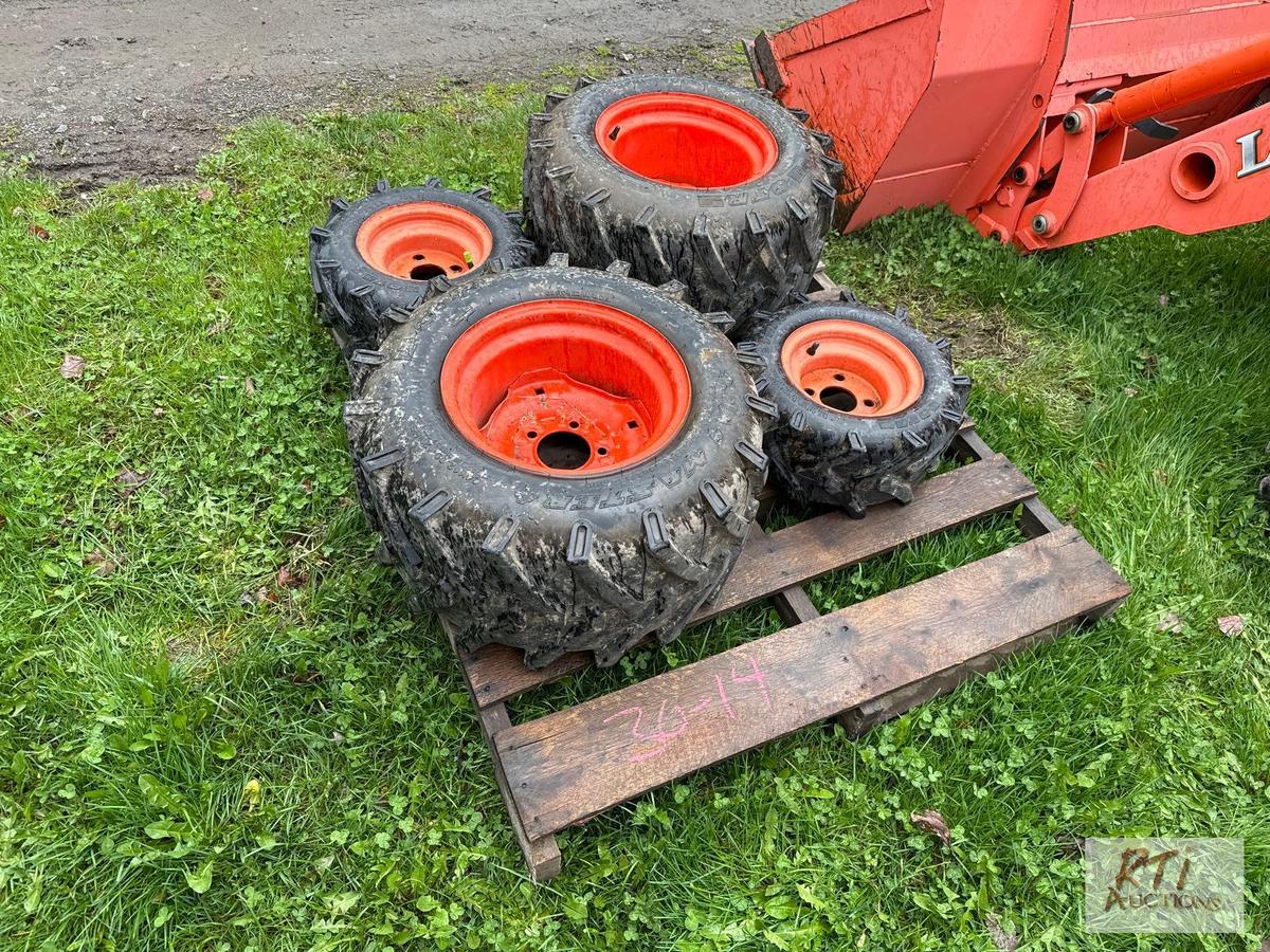 Set of 4 tires and wheels with ag tread, fits Kubota BX1500