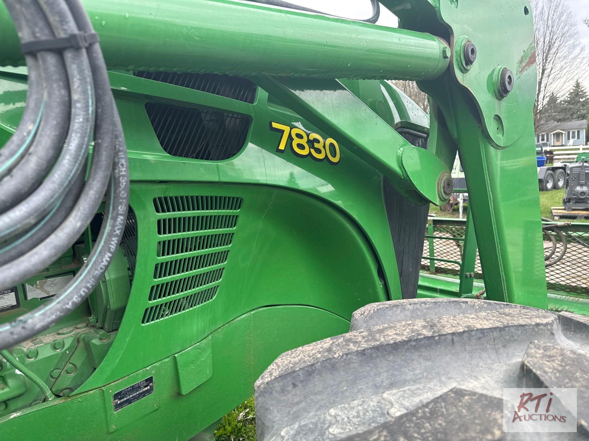 John Deere 7830 MFWD tractor with cab, loader with grapple, 710/70 R38 rear tires, 3 remotes,