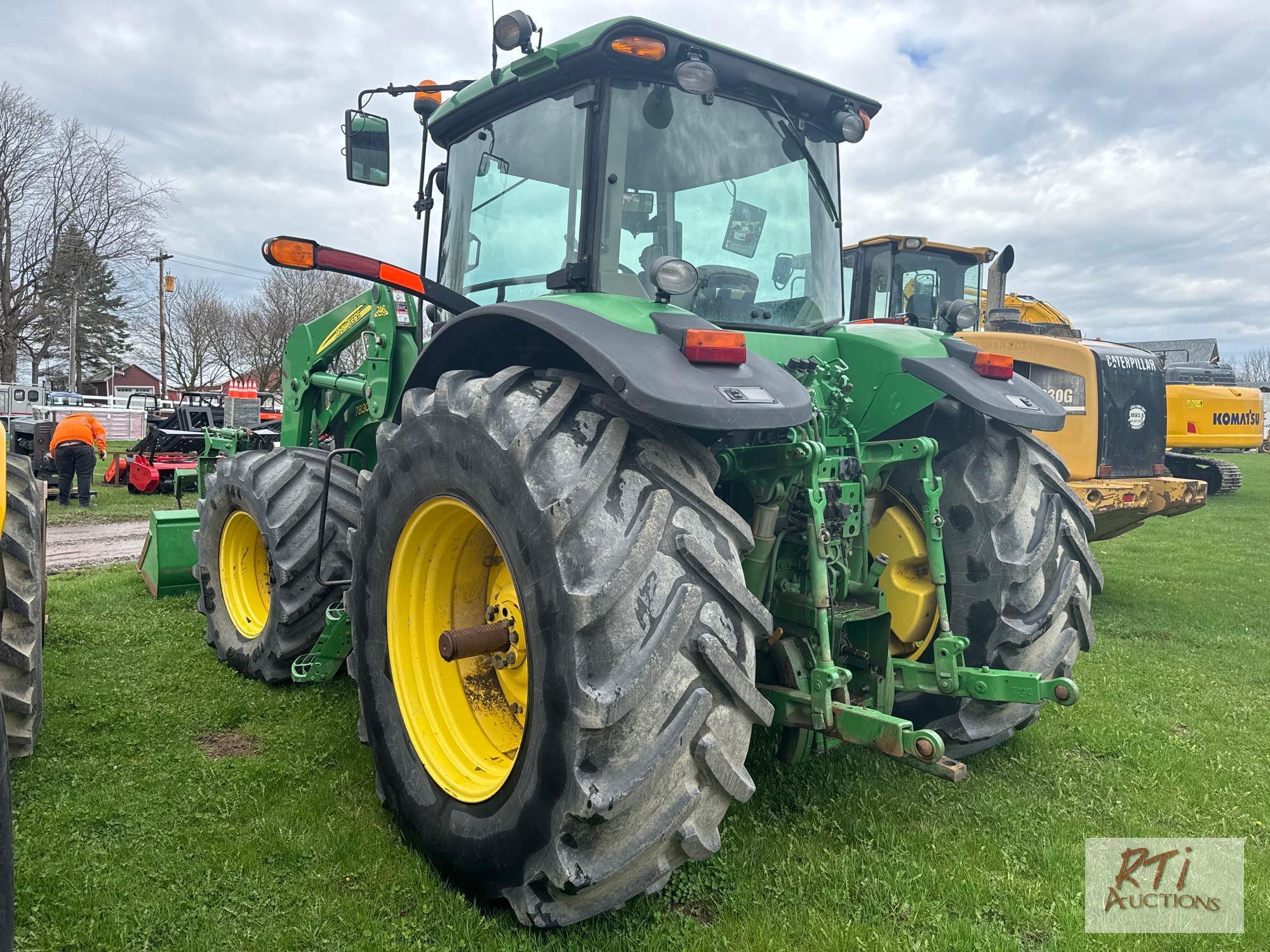 John Deere 7830 MFWD tractor with cab, loader with grapple, 710/70 R38 rear tires, 3 remotes,
