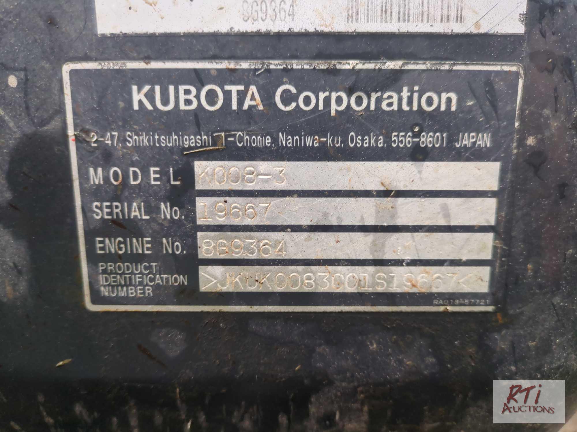 Kubota K008-3 mini excavator, front blade, hydraulic thumb, 12in ditching bucket, 409 hrs