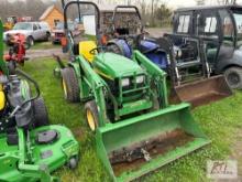 John Deere 4110 compact tractor, Diesel, 4WD, loader, HST, backhoe, 72in belly mower, 1342 hrs.