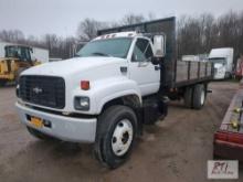 1999 Chevy C7500 16ft stake body dump, dual axles, air brakes, Chelsea PTO, 5 speed transmission,