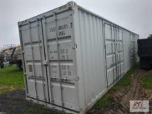 40ft shipping container, 9ft 6in tall, 2 wide double doors on one side, double doors on end