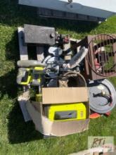 Pallet of miter saw, hydraulic unit, heater, torch hose spool, air hose spool