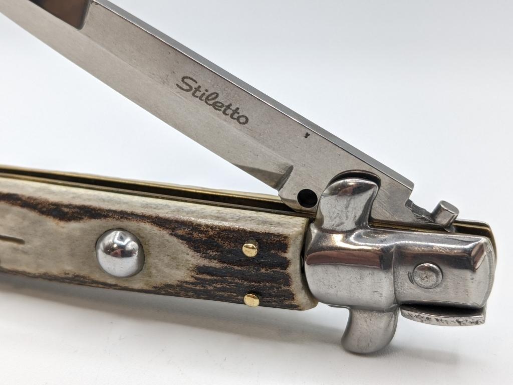 Italian Stag Handle Stiletto Switchblade
