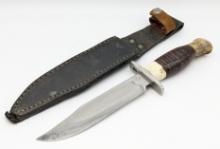 Custom Stacked Leather Stag Hunting Knife w Sheath