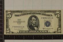 1953-B US $5 SILVER CERT, BLUE SEAL CRISP