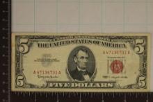 1963 US $5 RED SEAL NOTE SOME SLIGHT STAINING