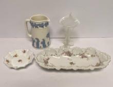 FOUR PIECES OF PORCELAIN AND GLASS