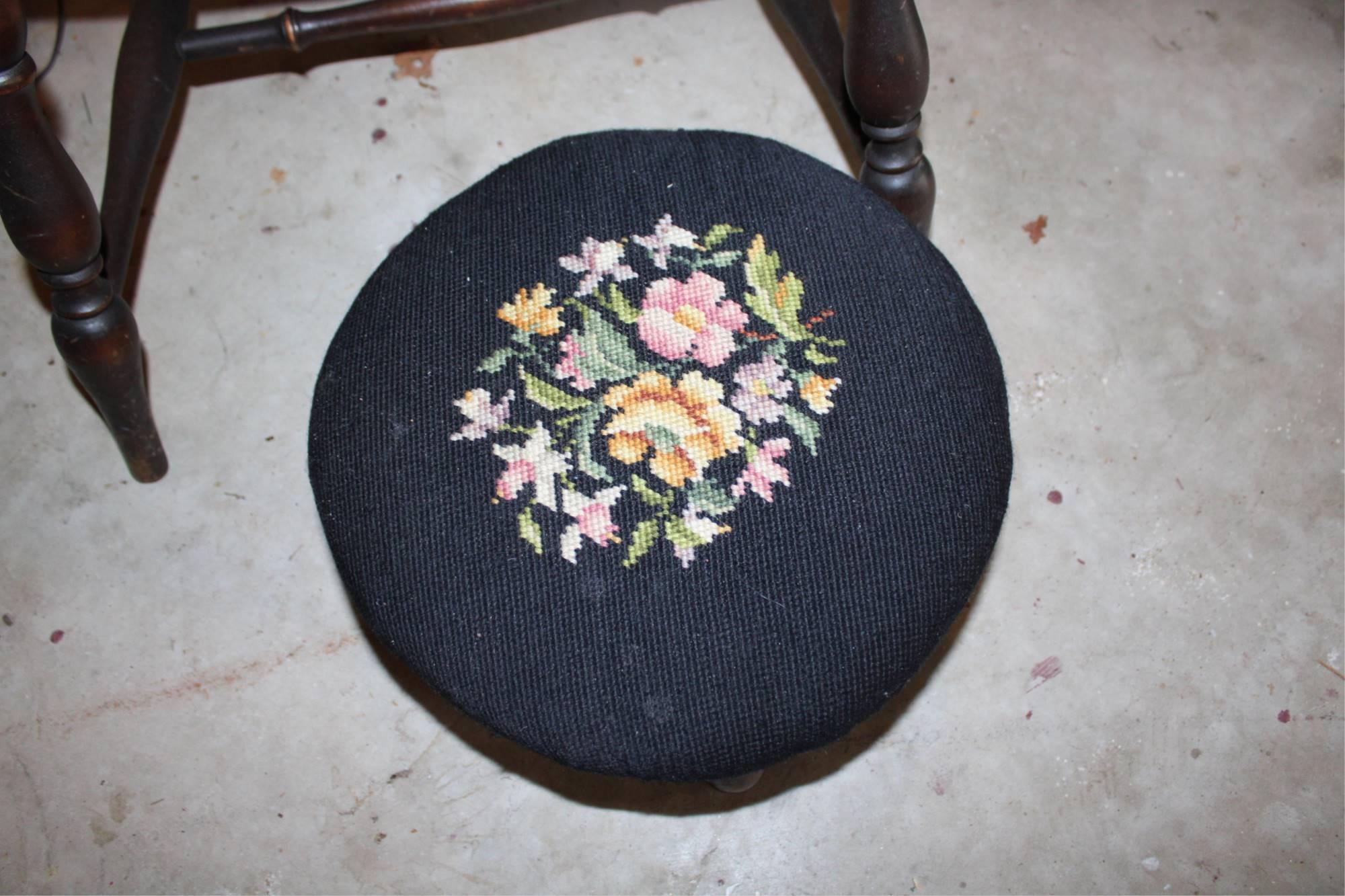 WINDSOR CHAIR AND NEEDLEPOINT STOOL