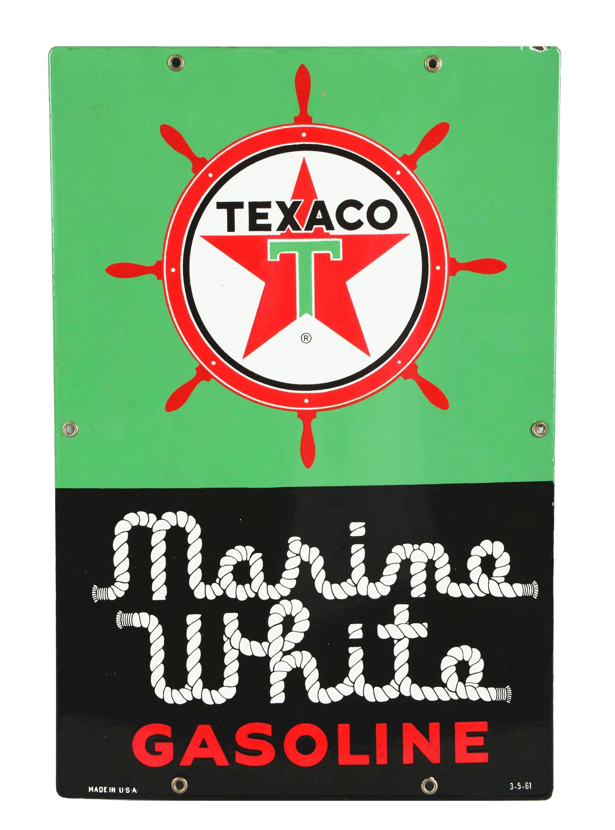 Texaco Marine White Gasoline Porcelain Pump Plate.