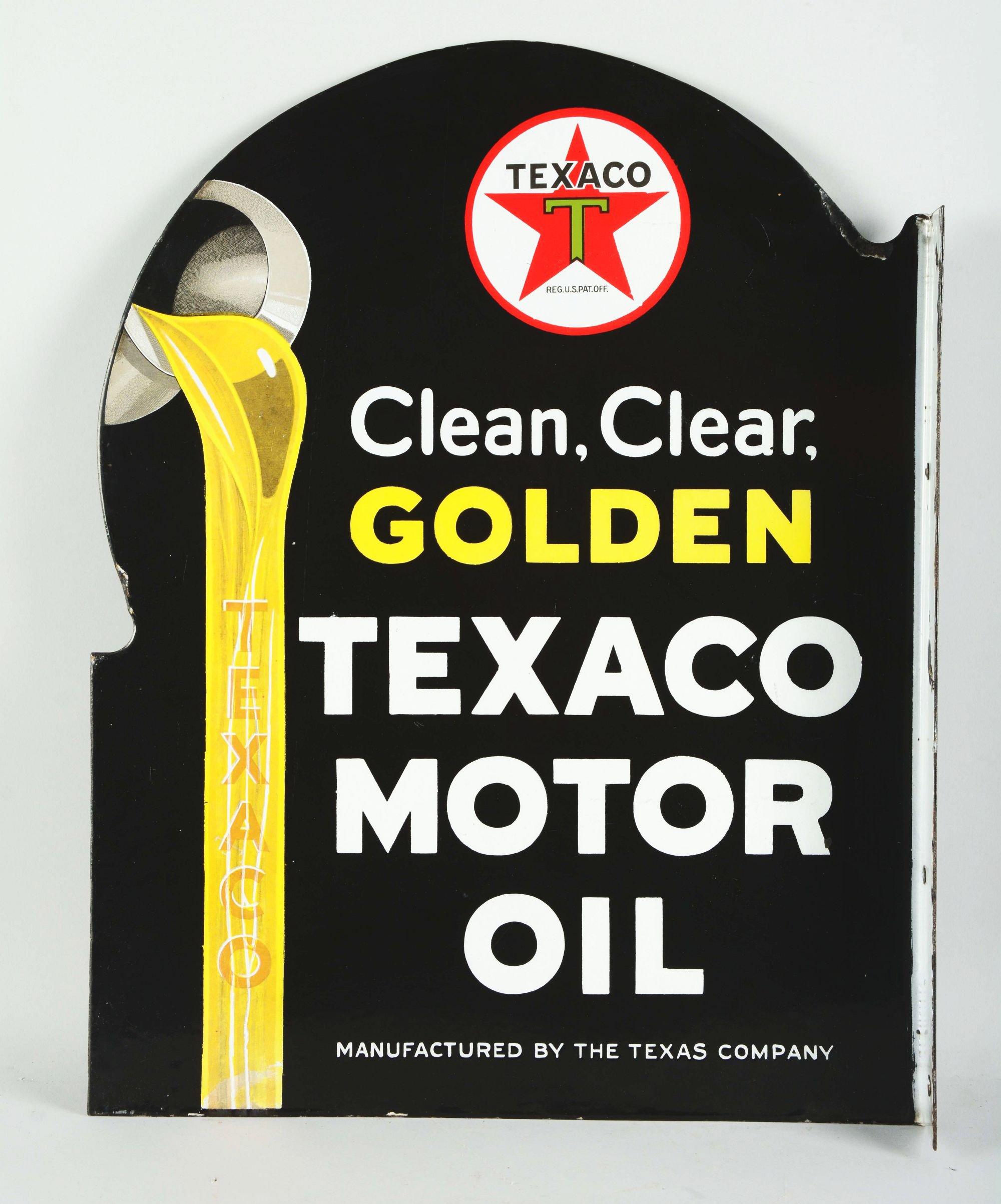 Texaco Motor Oil Clean Clear Golden Porcelain Flange Sign.