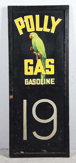 Very Rare Polly Gasoline Tin Pricer Board w/ Polly Parrot Graphic.