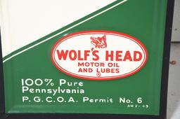 Wolf's Head Motor Oil Embossed Tin Vertical Sign.