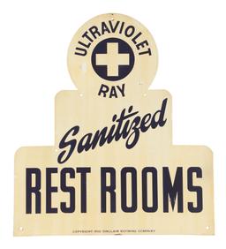Sinclair Ultraviolet Ray Sanitized Restrooms Diecut Tin Sign.