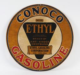 Very Rare Conoco Ethyl Gasoline Tin Curb Sign.